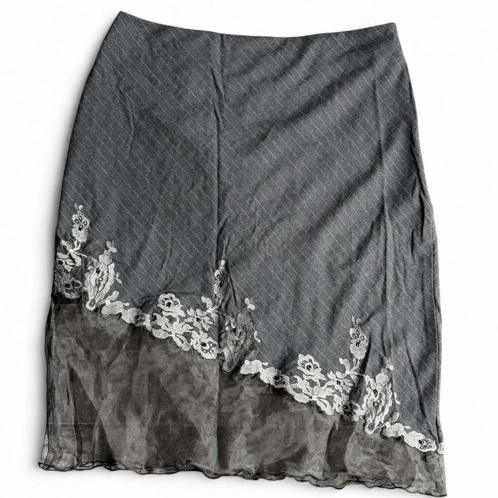 Uniform John Paul Richard Pinstripe Midi Skirt Size 14 Gray Floral Lace